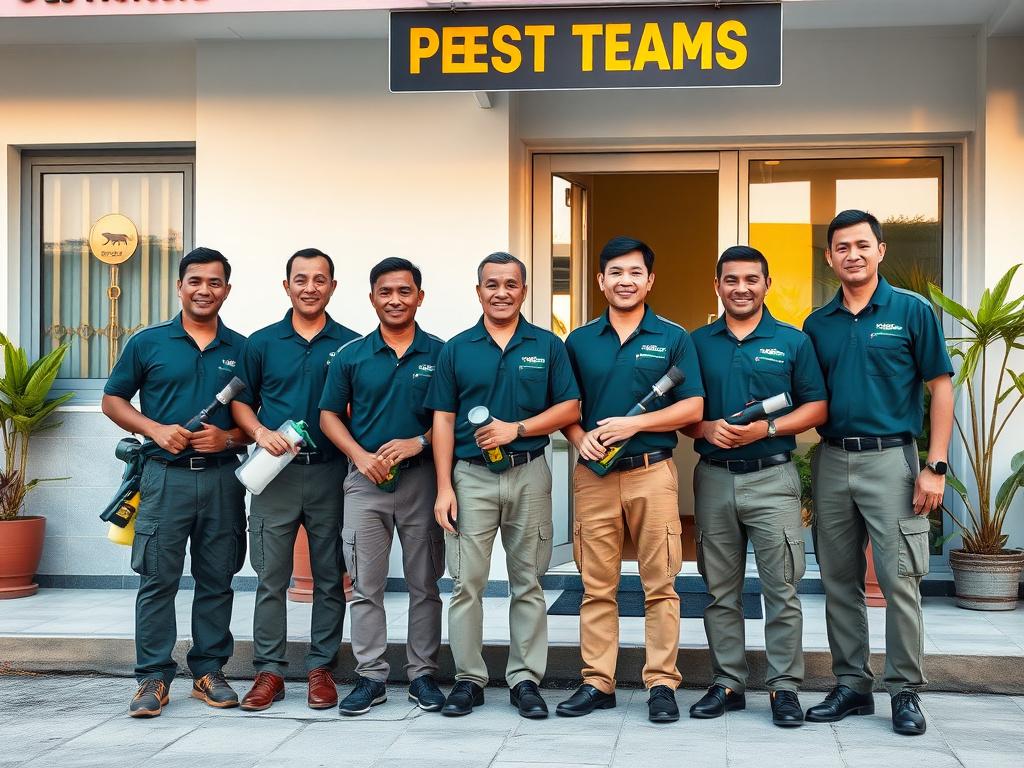 Dawnplex pest control crew lined up with sprayers and inspection gear outside their Seri Kembangan office