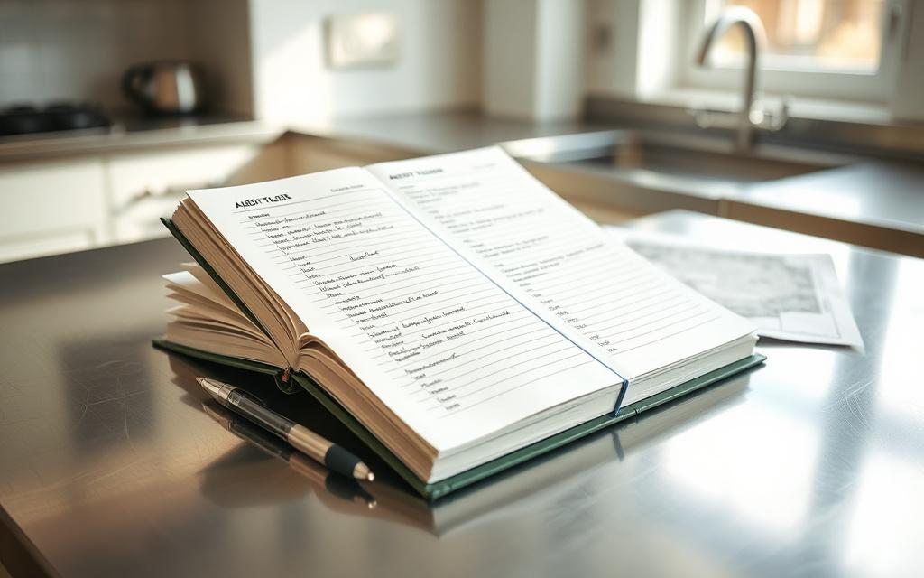 Dawnplex audit logbook open on a stainless-steel kitchen counter