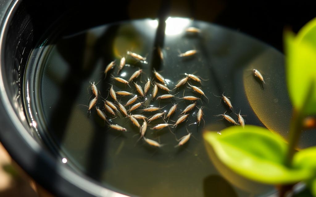 Mosquito larvae in a stagnant water container photographed during a Dawnplex breeding survey