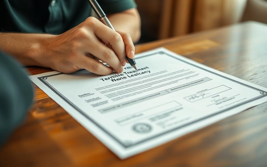 Close-up of a termite warranty certificate being signed at a Klang Valley home